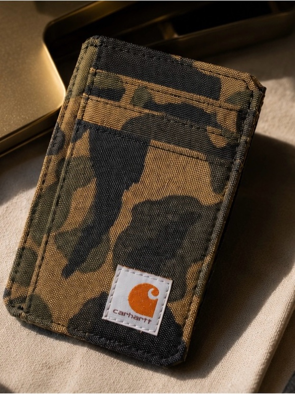 Carhartt Brown & Black Camo Card Sleeve with Orange Logo